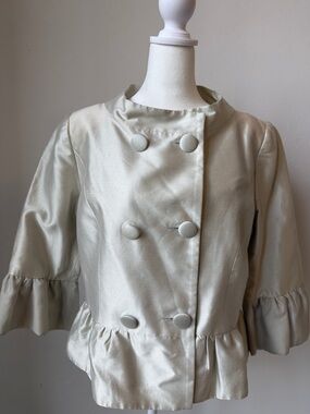 Ivory Double-Breasted Ruffle-Hem Blazer